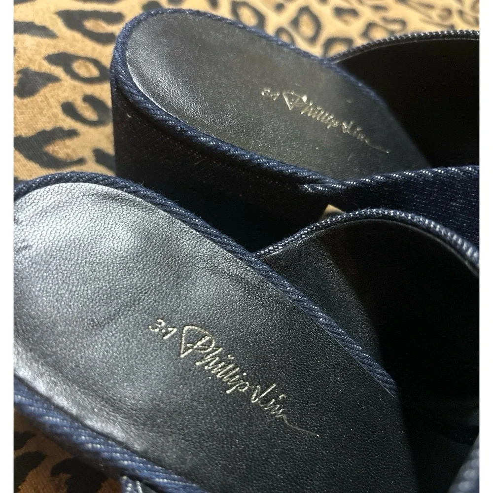 3.1 Phillip Lim Denim & Black Leather Double Strap Cube Sandals,‎ Size 8.5/39